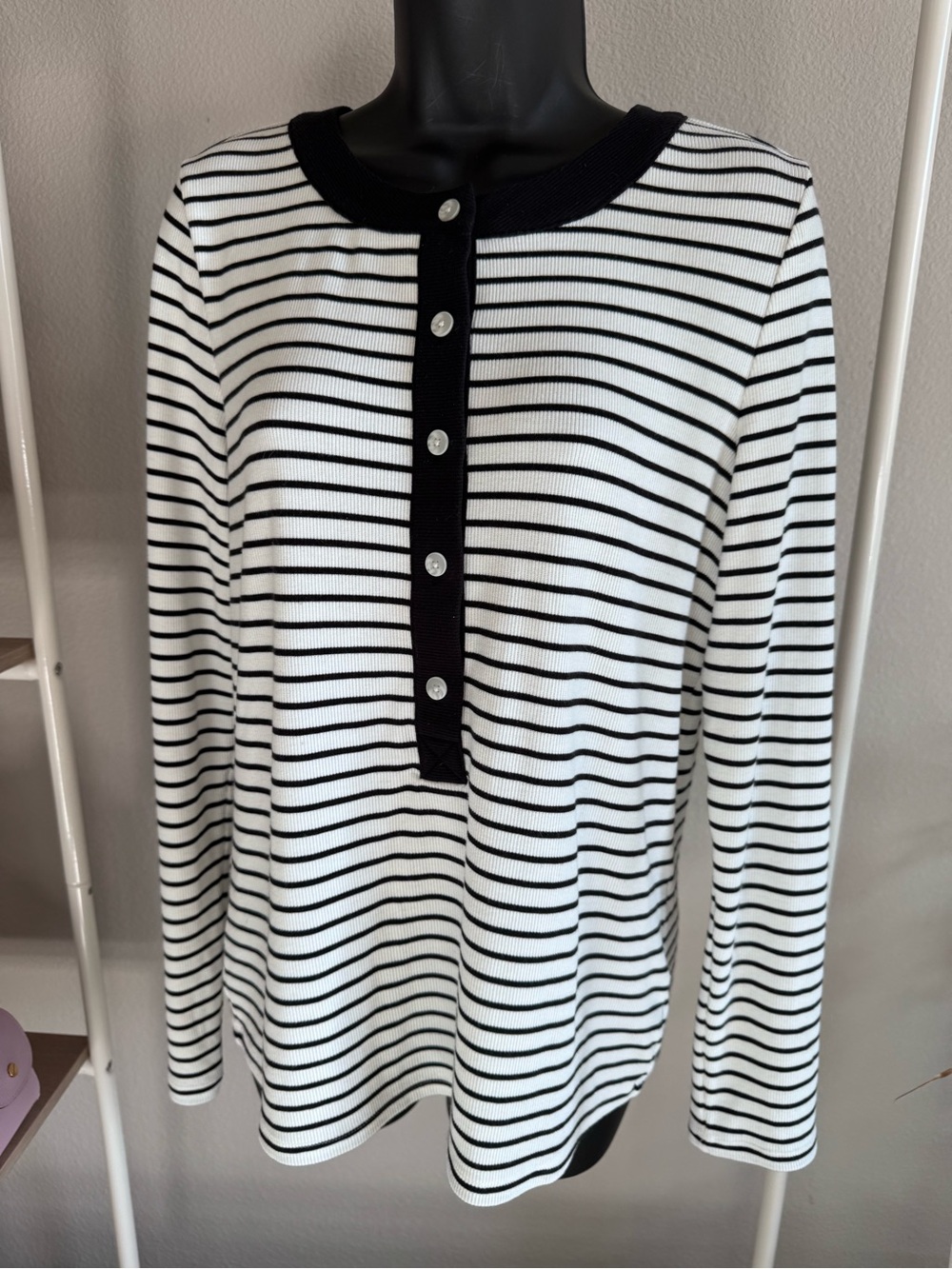 LAND’S END Black and White Striped Button-Neck Top SZ M